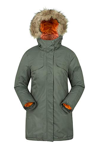 Mountain Warehouse Inferno Parka Chaqueta de Invierno para Mujer - Transpirable, Aislamiento de Microfibra, Ajustable, Piel sintética Desmontable, Resistente al Agua Caqui 40