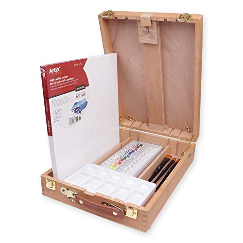 MP - Kit de Pintura con Maletin Caballete, Lienzo, Set de 12 Pinturas Acrílicas, 4 Pinceles y Paleta de Pintar