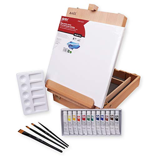 MP - Kit de Pintura con Maletin Caballete, Lienzo, Set de 12 Pinturas Acrílicas, 4 Pinceles y Paleta de Pintar