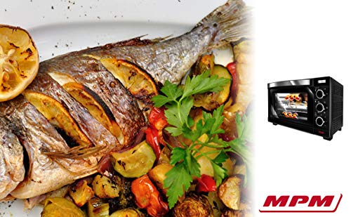 MPM MPE-09/T Horno Eléctrico de Sobremesa Convección 30 litros, Acero Inoxidable, Asador de pollo, Temporizador, Ajuste de Temperatura,negro, 1600W