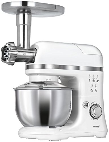 MPM MRK-15 Robot Cocina Orbital Profesional, Amasadora repostería, Picadora Carne, Batidora Vaso 1.5L, Velocidad electrónica, 4 litros, 1200W, Blanco, 1200 W, Acero Inoxidable