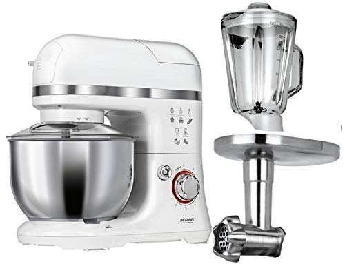 MPM MRK-15 Robot Cocina Orbital Profesional, Amasadora repostería, Picadora Carne, Batidora Vaso 1.5L, Velocidad electrónica, 4 litros, 1200W, Blanco, 1200 W, Acero Inoxidable