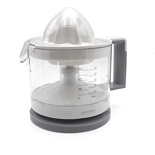 MPM MWC-02 Exprimidor eléctrico para Cítricos, Zumo Naranja, Jarra Independiente 600ml, Doble Sentido Giro, Cubierta Antipolvo, Blanco, 30W