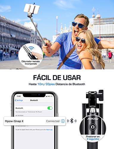 Mpow Palo Selfie Movil, Selfie Stick Bluetooth Diseño ligero, inalámbrico palo selfie con Bluetooth Remoto Compatible iPhone 11/11 Pro Max/XS Max /XR/X/8/7/ 6, Galaxy S10/S9/S8, etc