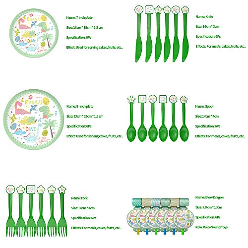mreechan Set de Fiesta de Dinosaurio, Vajilla desechable,cumpleaños Supplies Set Contiene manteles, Cubiertos, silbatos, manteles, pajitas para cumpleaños, Navidad, acción de Gracias, etc.