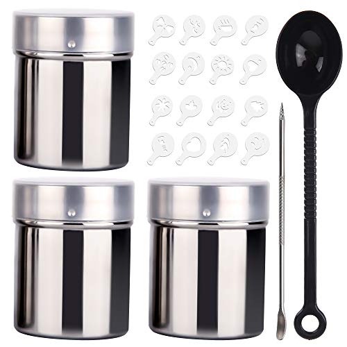 mreechan Tamiz Café,Juego de 3 espolvoreadores de acero inoxidable con tapa de malla fina, con 16 plantillas de Café,Ideal para Decorar y Dibujar en tu Postre y Café