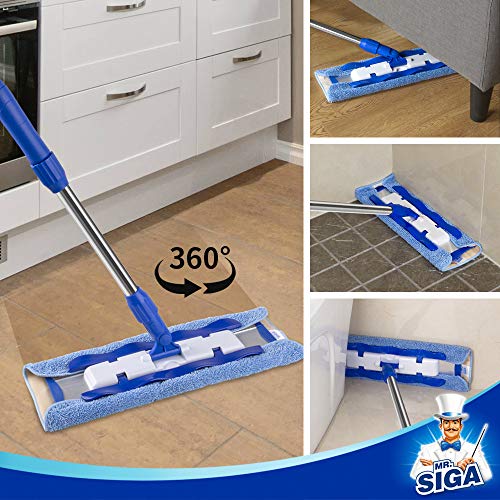 MR.SIGA Professional Microfiber Mop (Included 3 Microfiber Cloth Refills and 1 Dirt Removal Scrubber), Pad Size: 42cm x23cm