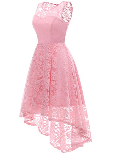 MUADRESS Vestido Cóctel Vintage A-línea Hi-Lo Elegante Mujer Flor Encaje Vestidos De Fiesta Rosa Clara XS