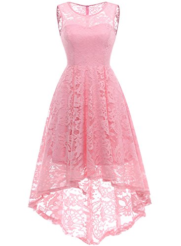 MUADRESS Vestido Cóctel Vintage A-línea Hi-Lo Elegante Mujer Flor Encaje Vestidos De Fiesta Rosa Clara XS