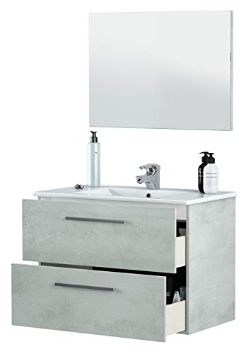 Mueble baño con Espejo Plutón 2 cajones Estilo Industrial diseño Cemento 80x45x57 Sin Lavamanos