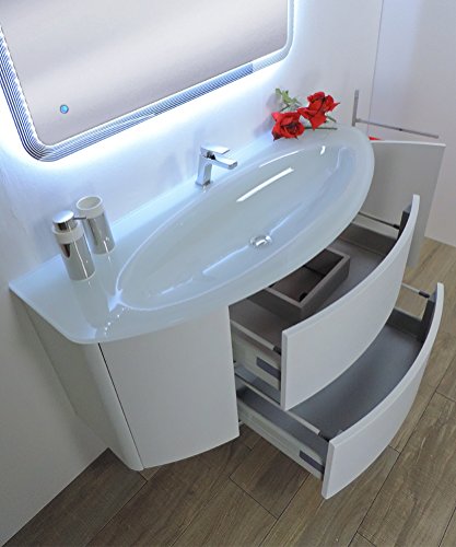 mueble de baño suspendido Eden Touch Blanco, 90 cm., Lavabo Cristal Sin Espejo de LED