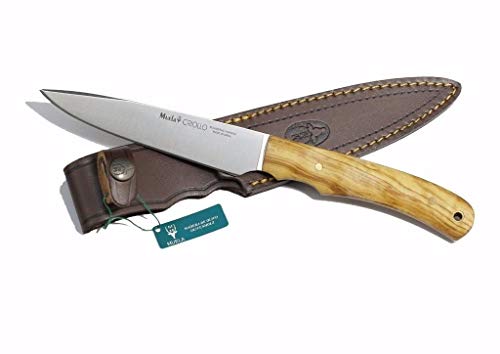 Muela Cuchillo criollo CRIOLLO-14.OL con Hoja de Acero Inoxidable MoVa de 13,5 cm y empuñadura de Madera de Olivo para Caza, Pesca, Supervivencia y Bushcraft + Portabotellas de Regalo