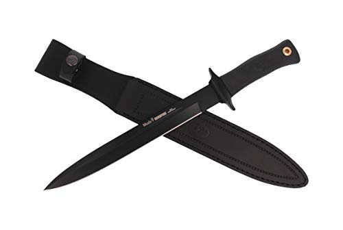 Muela Cuchillo SCORPION-26G hoja de acero MoVa de 26 cm teflonada y empuñadura de goma para Caza, Pesca, Supervivencia y Bushcraft Realizado en Ciudad Real + Portabotellas de regalo