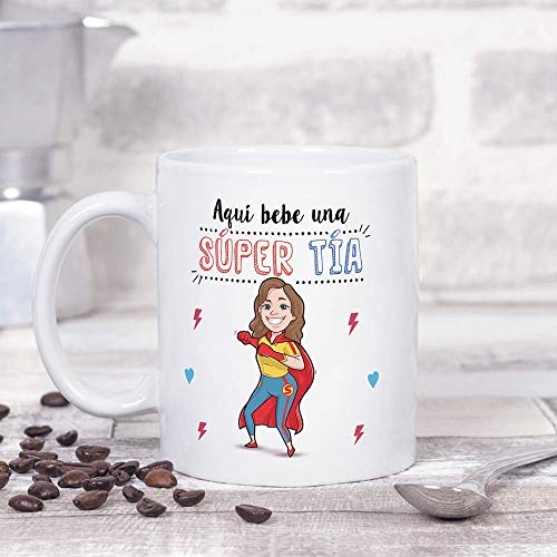 MUGFFINS Tazas Tía - Aquí Bebe una Super Tía - Taza Desayuno Original/Idea Regalo Cumpleaños. Cerámica 350 mL