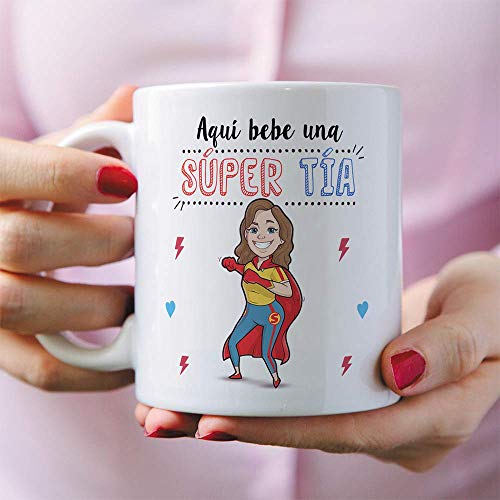 MUGFFINS Tazas Tía - Aquí Bebe una Super Tía - Taza Desayuno Original/Idea Regalo Cumpleaños. Cerámica 350 mL