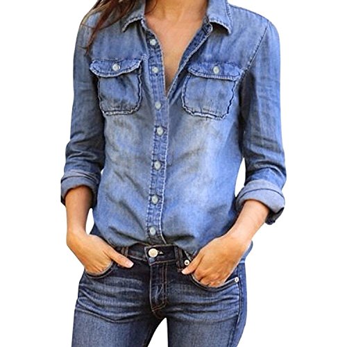 Mujeres Manga Larga Camisas Vaquero - Fashion Primavera Otoño Camisa de Jean con Botones Color Sólido Slim Blusa Boyfriend Casual Camisetas Tops Tallas Grandes