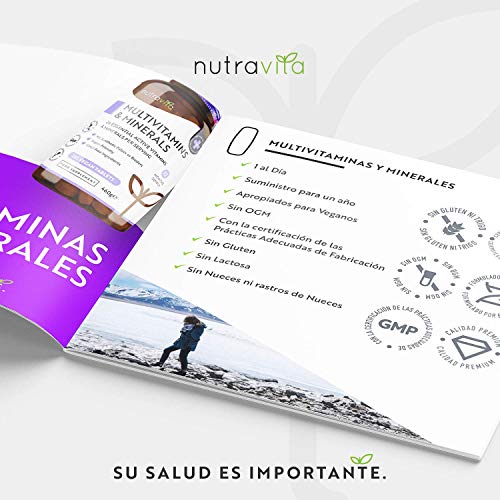 Multivitaminas y Minerales - 365 Comprimidos Multivitamínicos Veganos (Suministro para 1 año) con 26 Vitaminas y Minerales Activos Esenciales - Elaborados en el Reino Unido por Nutravita