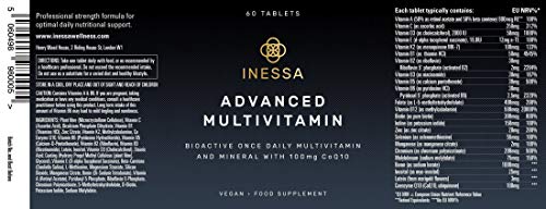 Multivitamínico de Inessa Wellness | Complejo Vitamínico contro el Cansancio con Coenzima q10 Antioxidante, Vitaminas A, B, C, D, E, K y Minerales | Complemento Vegano sin Gluten o Colorantes