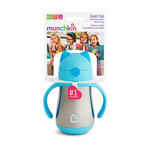 Munchkin Cool Cat - Vaso de acero inoxidable con pajita, azul, 237 ml