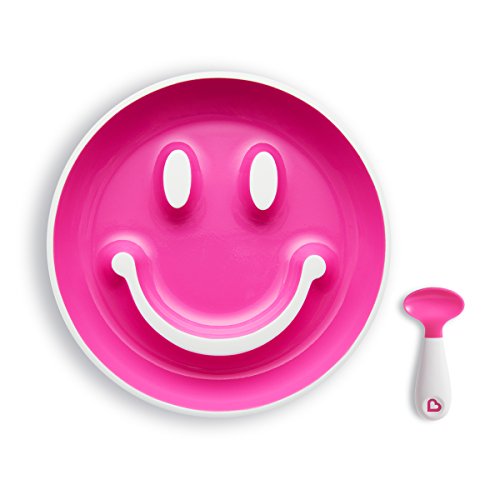 Munchkin Smile 'n Scoop Set de cuchara y plato con ventosa, rosa