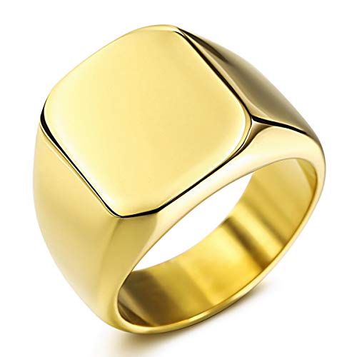 MunkiMix Anillo de Sello para Hombres Mujeres Niños 316l Anillos para Hombre Resistentes al Agua Estilo Cuadrado de Acero Inoxidable, Paquete con ajustadores de tamaño de Anillo (Oro Color, Talla R)