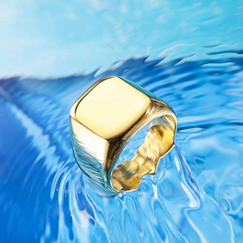 MunkiMix Anillo de Sello para Hombres Mujeres Niños 316l Anillos para Hombre Resistentes al Agua Estilo Cuadrado de Acero Inoxidable, Paquete con ajustadores de tamaño de Anillo (Oro Color, Talla R)