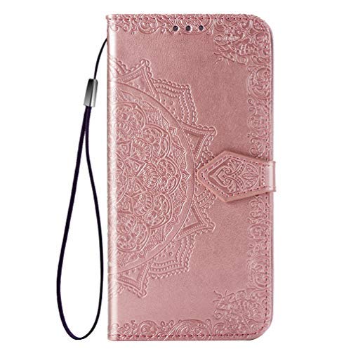 MUSESHOP Funda Xiaomi Redmi Note 7/Note 7 Pro, Estuche de Cuero Estampado Mandala Libro de Cuero con Tapa y Cartera, Carcasa PU Leather con TPU Silicona Case Interna Suave - Oro Rosa