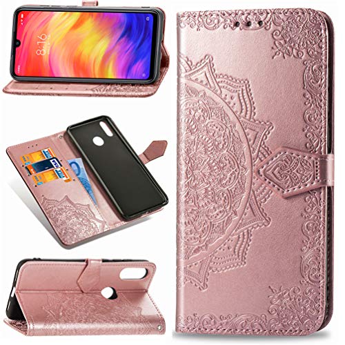 MUSESHOP Funda Xiaomi Redmi Note 7/Note 7 Pro, Estuche de Cuero Estampado Mandala Libro de Cuero con Tapa y Cartera, Carcasa PU Leather con TPU Silicona Case Interna Suave - Oro Rosa