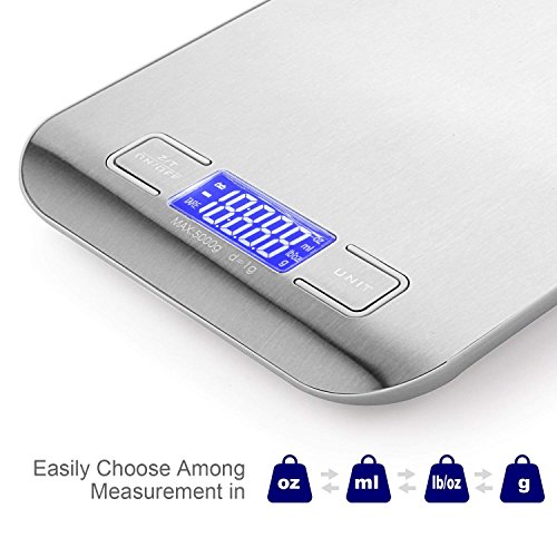 Musou Báscula Digital para Cocina de Acero Inoxidable, 5kg / 11 lbs, Balanza de Alimentos Multifuncional, Color Plata (Baterías Incluidas).