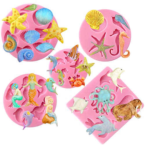 musykrafties Criatura Marina Verano Y PLAYA Fondant Molde de silicona para modelado azúcar,decoración tartas,Adorno Pasteles, Fondant, joya, Polímero Flexible, MANUALIDADES Proyectos, 5 en juego