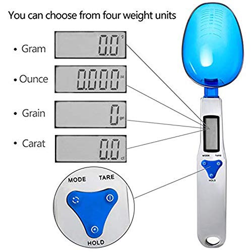 MUXItrade Bascula Cocina Digital Cuchara Bascula Precision 0.1g/500g Bascula Alimentos Portatil Azul Medidores Cocina En Gramos Onza Grano Quilate (g,oz,gn,CT)