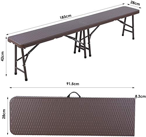 MVPower 2XBancos Plegables Multifuncionales,Bancos Plegables Rectangulares de Imitación de Ratán,Bancos Plegables Portatiles con Estructura de Acero y Asa,Soporta hasta 500 kg, Marrón, 183 x28x42.5cm