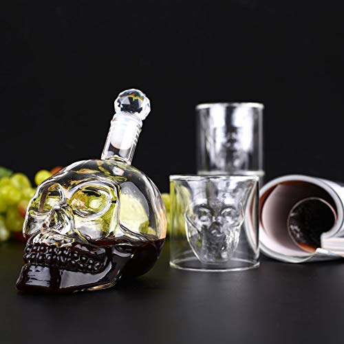 MVPower Botella de Vidrio con Forma de Calavera, 350 ml con 6 Vasos de Chupito de 75 ml Ideal para Whisky, Vodka o Vino Favorito, Idea de Regalo para Navidad o para Una Noche Divertida