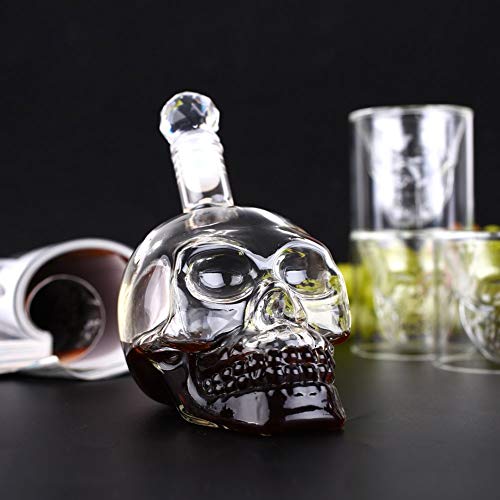 MVPower Botella de Vidrio con Forma de Calavera, 350 ml con 6 Vasos de Chupito de 75 ml Ideal para Whisky, Vodka o Vino Favorito, Idea de Regalo para Navidad o para Una Noche Divertida