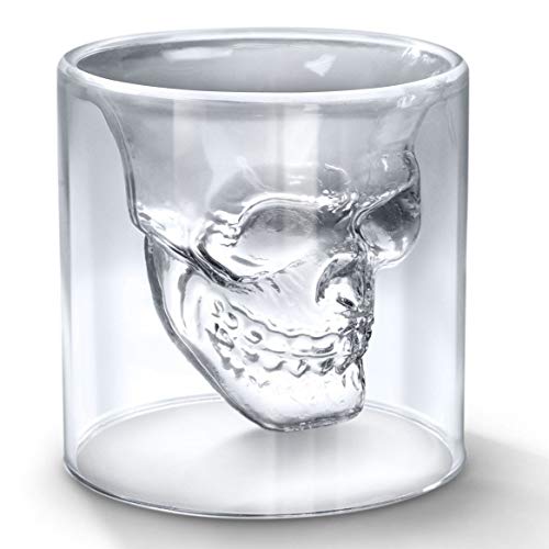 MVPower Botella de Vidrio con Forma de Calavera, 350 ml con 6 Vasos de Chupito de 75 ml Ideal para Whisky, Vodka o Vino Favorito, Idea de Regalo para Navidad o para Una Noche Divertida