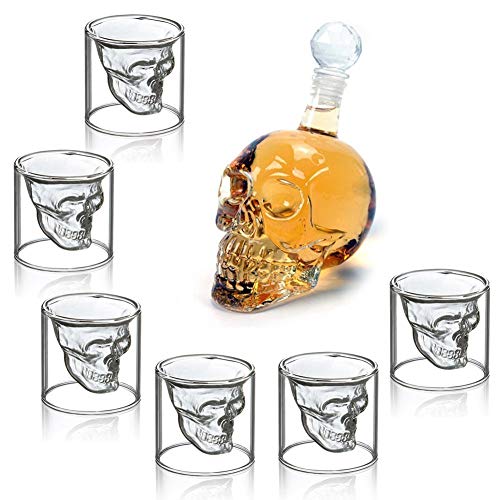 MVPower Botella de Vidrio con Forma de Calavera, 350 ml con 6 Vasos de Chupito de 75 ml Ideal para Whisky, Vodka o Vino Favorito, Idea de Regalo para Navidad o para Una Noche Divertida