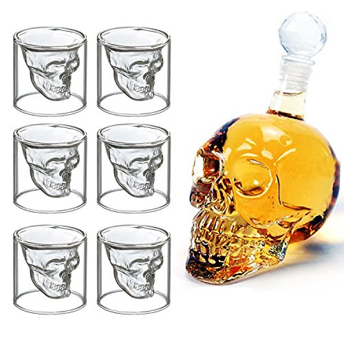 MVPower Botella de Vidrio con Forma de Calavera, 700 ml con 6 Vasos de Chupito de 75 ml Ideal para Whisky, Vodka o Vino Favorito, Idea de Regalo para Navidad o para Una Noche Divertida