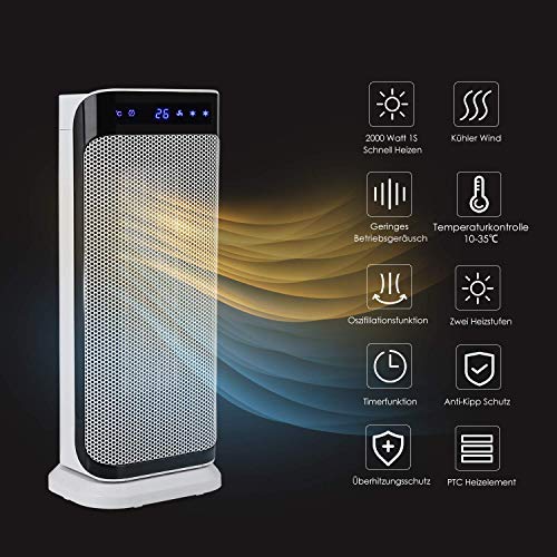 MVPower Calefactor de Cerámica con Ventilador 2000W, Control Remoto, Oscilación 70 °, Temporizador 0-8H, 3 Modos, Termostato, LED, Anti-vuelco, Protección contra Sobrecalentamiento, Bajo Consumo