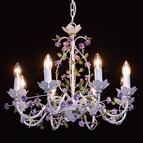 MW-Light 421014308 Lámpara de Techo Con 8 Brazos Flores Velas de Hierro Forjado Color Violeta Verde Blanco 8 x 40W E14