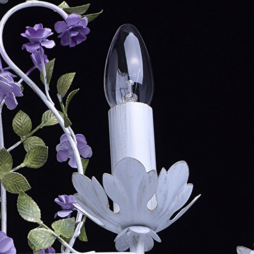 MW-Light 421014308 Lámpara de Techo Con 8 Brazos Flores Velas de Hierro Forjado Color Violeta Verde Blanco 8 x 40W E14