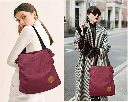 Myhozee Bolsos de Mujer,Bolso Bandolera Mujer Bolso Lona de Hombro Bolso Tote Bolso Shopper Bolso de Mano para Multifuncional -Vino Rojo