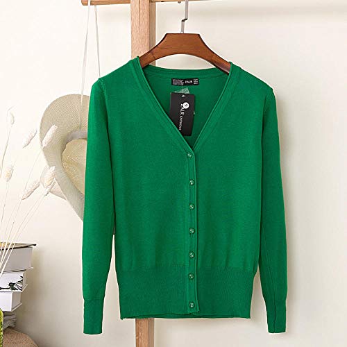 N / A 27 Color sólido Mujer Chaqueta de Punto Abrigo Otoño Invierno Casual Cuello en V Manga Larga Crochet Suéter de Punto Abrigo Mujer Tops-Pasto Verde_XXL