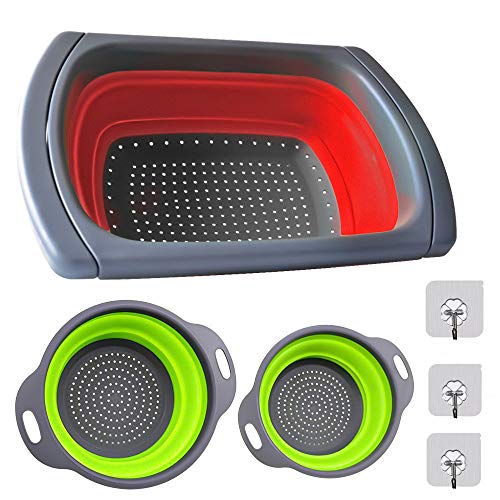 NA 3PCS Escurridor Plegable, Set de Coladores Plegable Redondo Colador de Fruta Vegetal Comida Seguro en Agua Hirviendo, Incluye 3 Tamaños, (Color : Green)