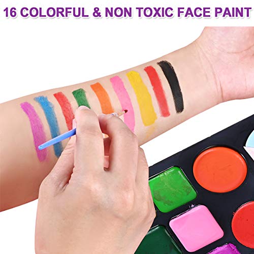 Nabance Pinturas de Cara para Niños Set Pintura Facial Pintura Corporal con 16 Colores Maquillaje para Cuerpo Professionale con 58 Plantillas de Pintura para Halloween