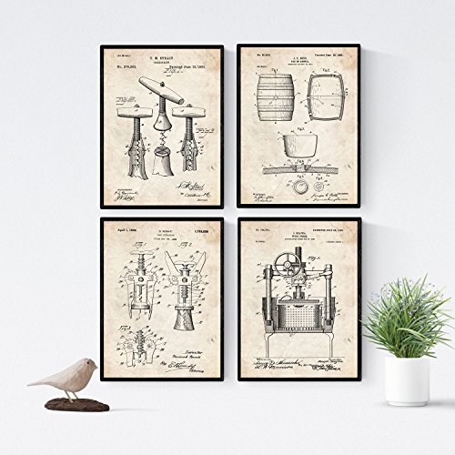 Nacnic Vintage - Pack de 4 Láminas con Patentes de Vino. Set de Posters con inventos y Patentes Antiguas. Elije el Color Que Más te guste. Impreso en Papel de 250 Gramos