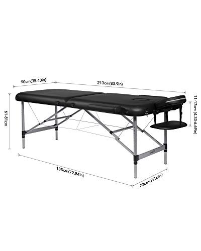 Naipo Mesa de Masaje Plegable de 2 Secciones Camilla Portátil y Profesional con Patas de Aluminio de Haya Alemán, Bolsa de Transporte, Reposacabezas y Apoyabrazos Desmontables Negro 213*90cm