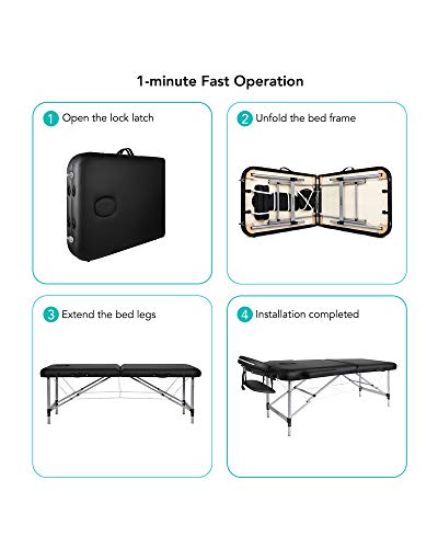 Naipo Mesa de Masaje Plegable de 2 Secciones Camilla Portátil y Profesional con Patas de Aluminio de Haya Alemán, Bolsa de Transporte, Reposacabezas y Apoyabrazos Desmontables Negro 213*90cm