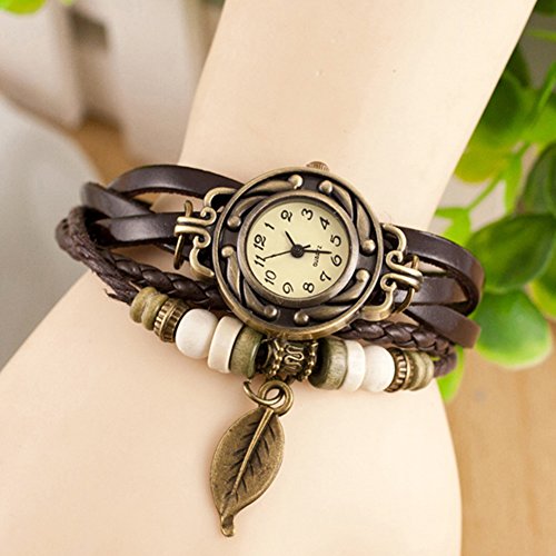 Naisicatar - Reloj de pulsera para hombre y mujer, analógico, de cuarzo, analógico, estilo vintage, con colgante de hoja, color marrón