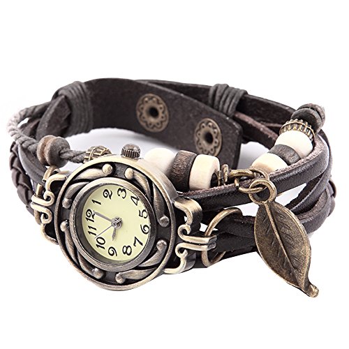 Naisicatar - Reloj de pulsera para hombre y mujer, analógico, de cuarzo, analógico, estilo vintage, con colgante de hoja, color marrón