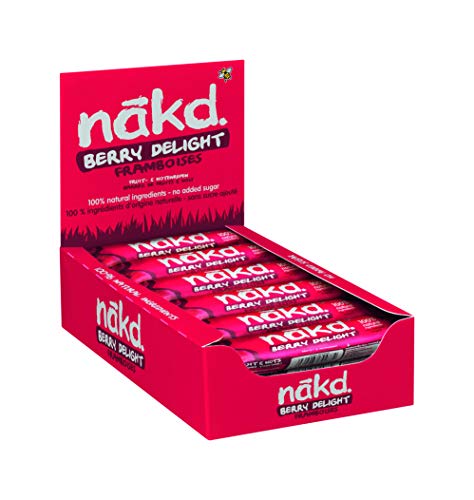 Nakd Barritas de Fruta y Frutos Secos con Frambuesas - Pack de 18 x 35 g, Sin Azúcar Añadido, Sin Gluten, Sin Lactosa, Vegano, Berry Delight